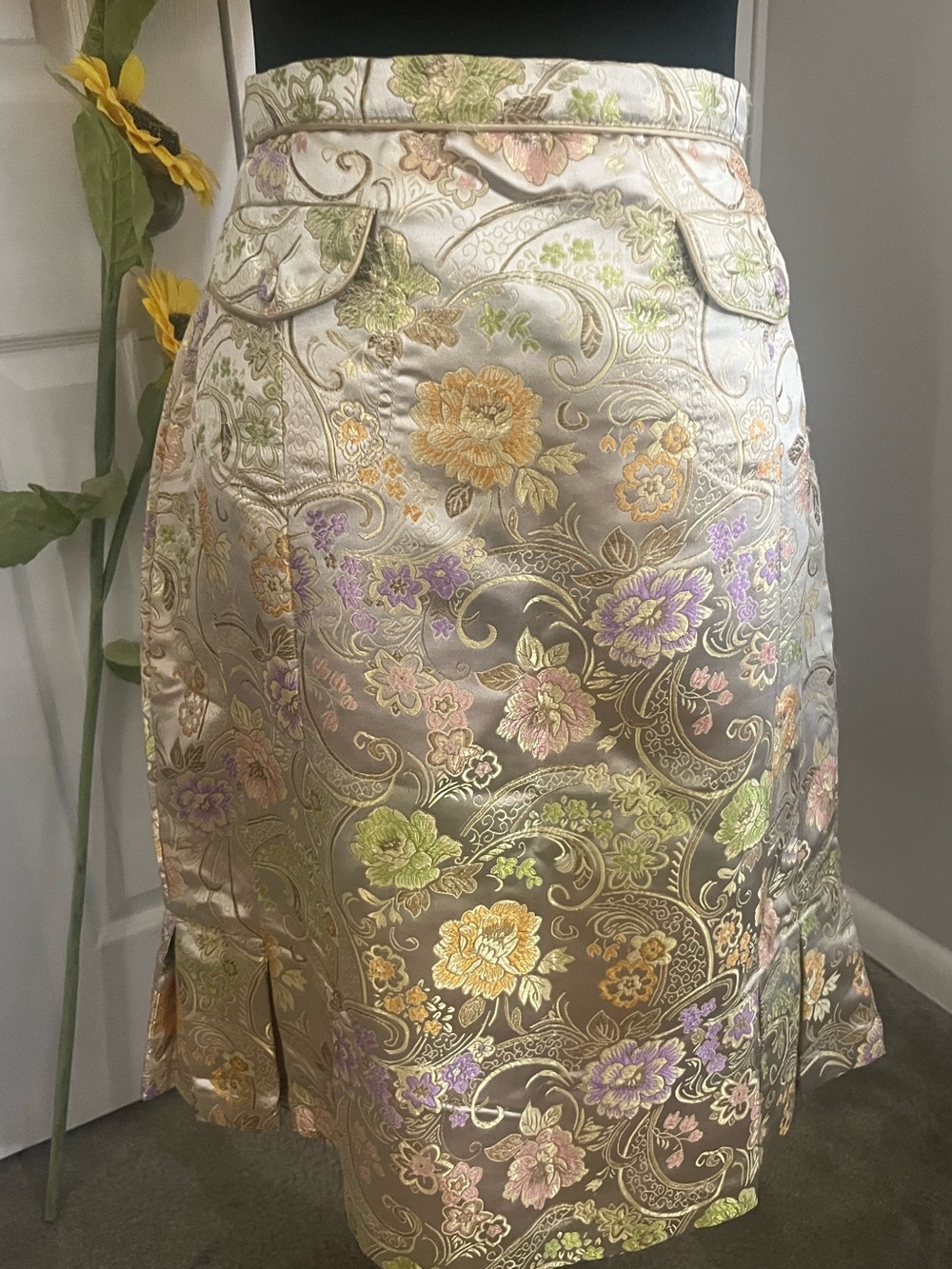 Floral Brocade Pencil Skirt - Cream with Pastel Floral Accents